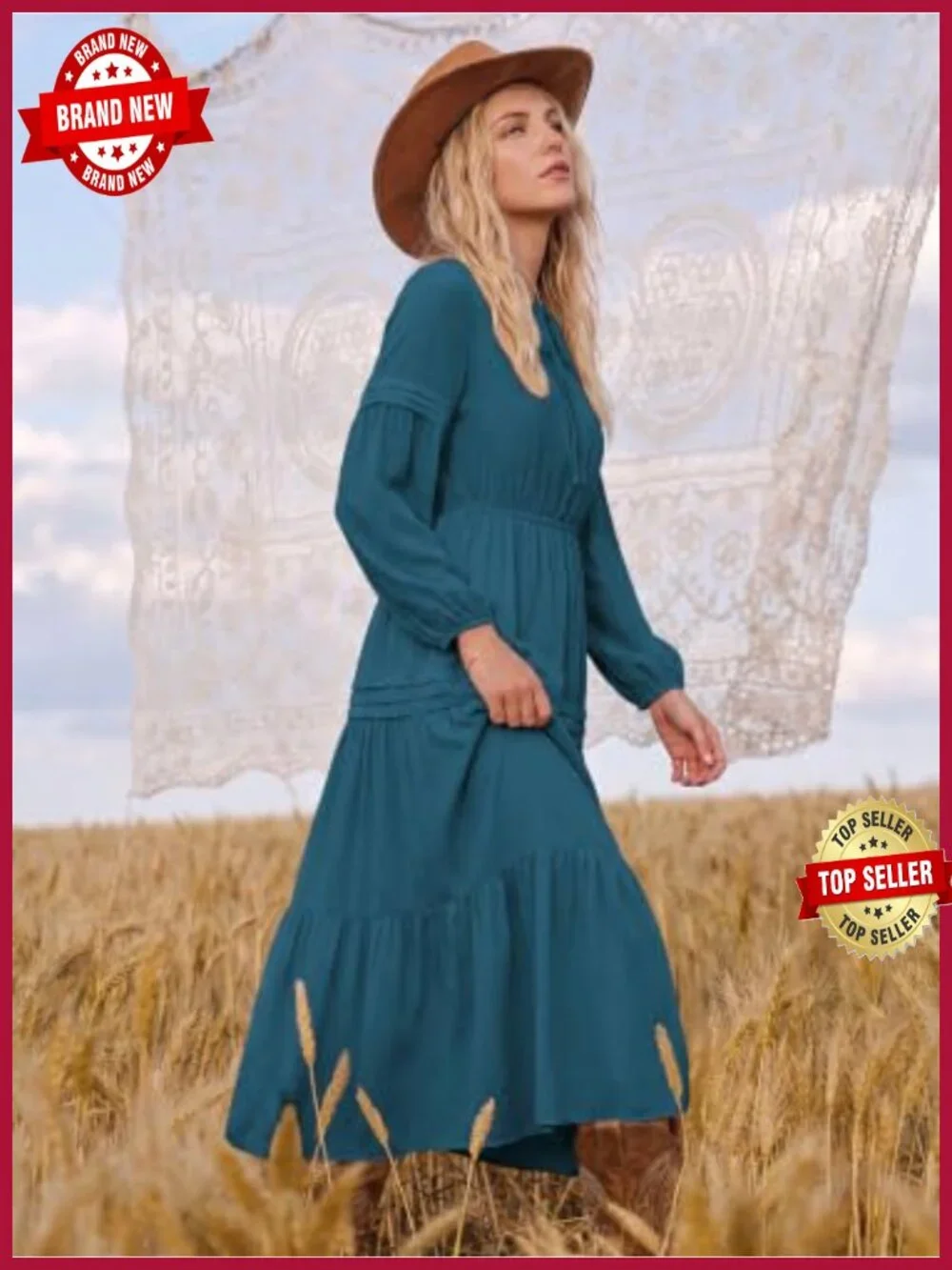 Long Sleeve Maxi Dress Boho Chiffon V Neck Pockets Flowy Wedding Guest